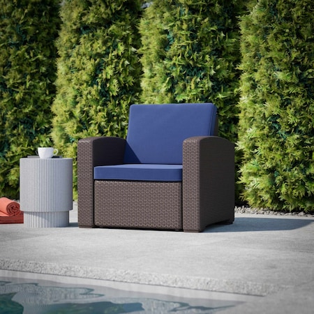 Seneca Brown Faux Rattan Chair With All-Weather Navy Cushion